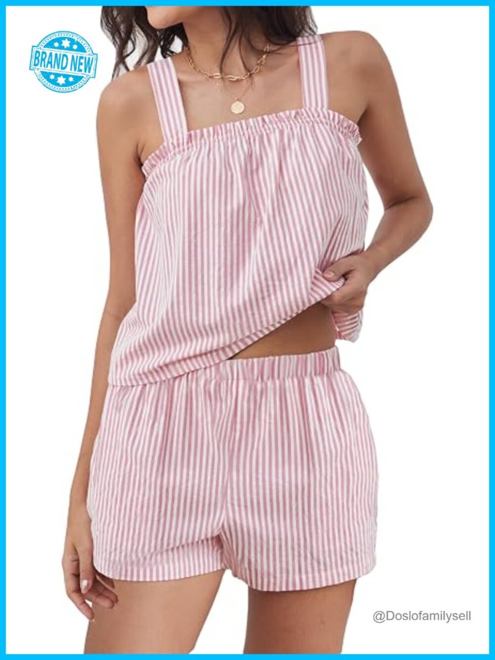 Striped 2 Piece Pajama Set Ruffle Tank Top and Shorts Sleepwear Rayon